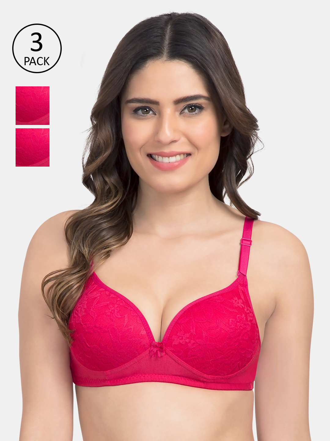 

KOMLI Pack of 3 Solid Non-Wired Heavily Padded T-shirt Bra K-9521, Pink