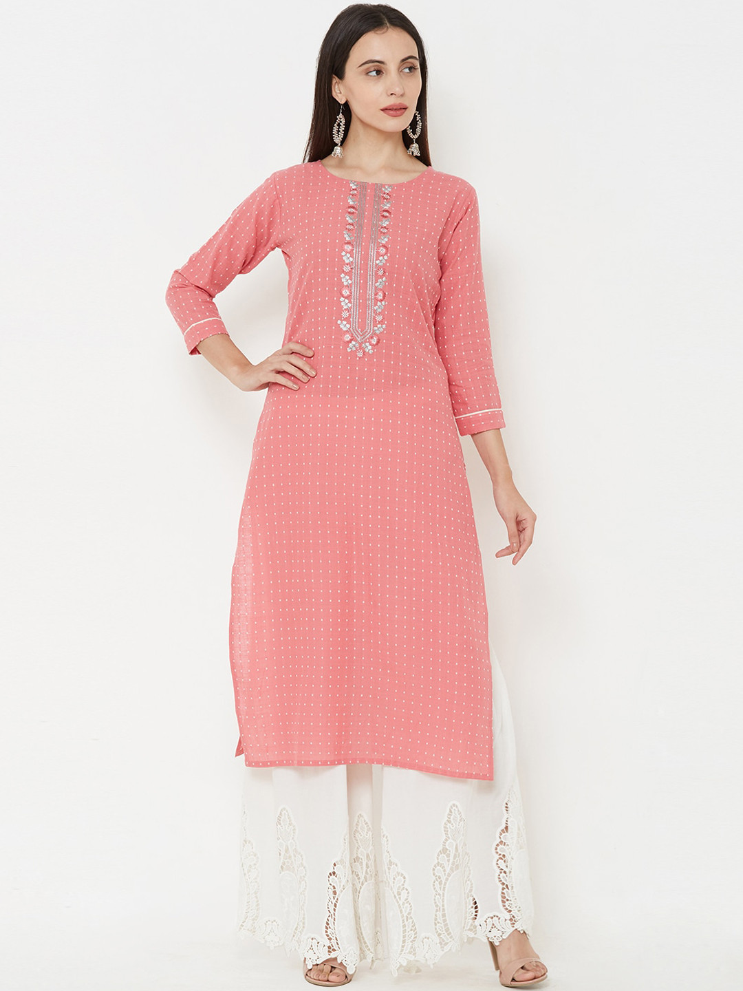 

FASHOR Women Pink Embroidered Straight Kurta