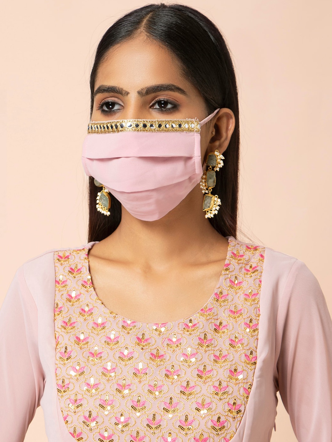 

INDYA Women Pink Mirror Lace Pleated Reusable 3-Ply Cloth Mask