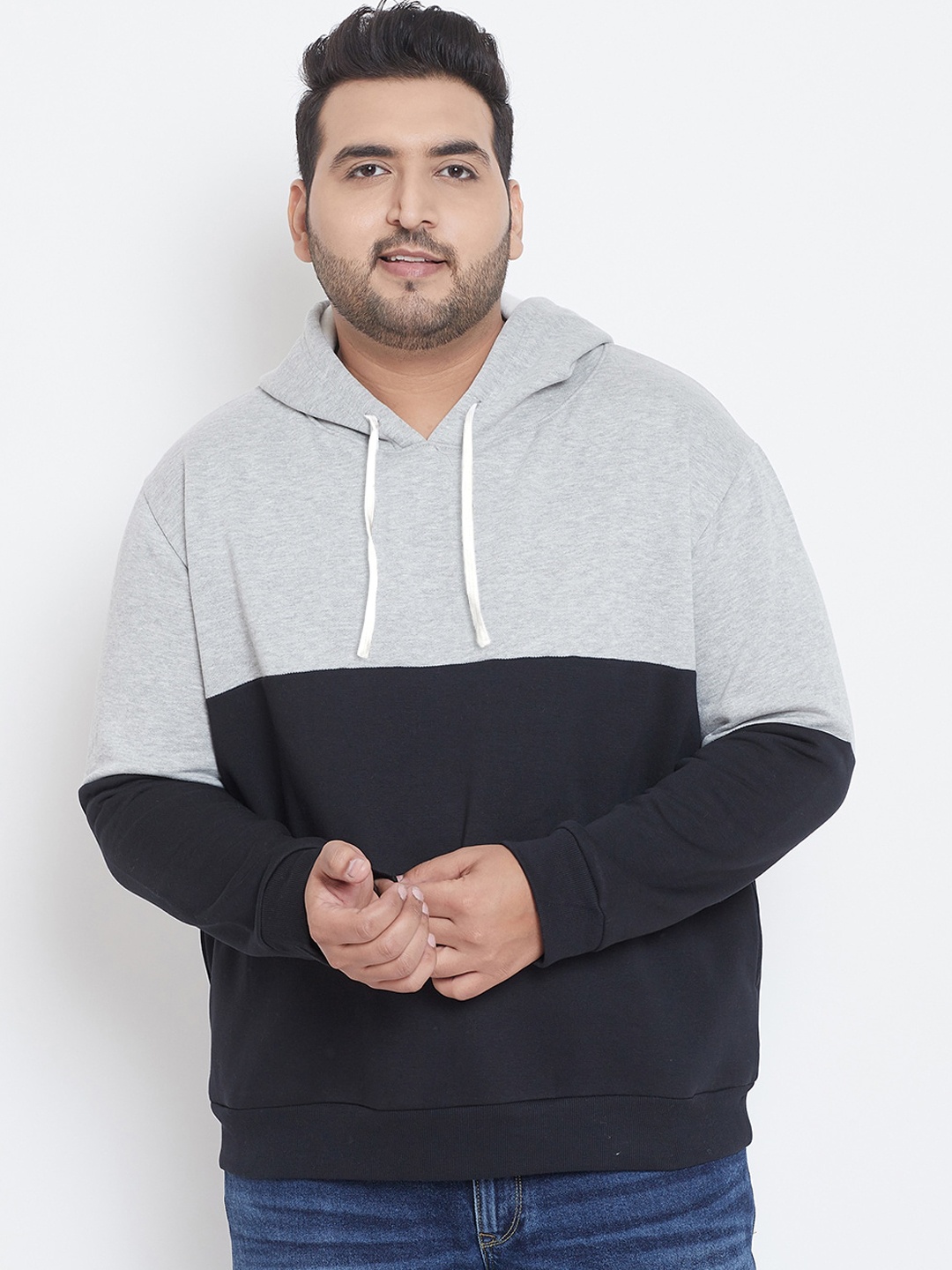 Instafab Plus Men Black & Grey Colourblocked Hooded Sweatshirt