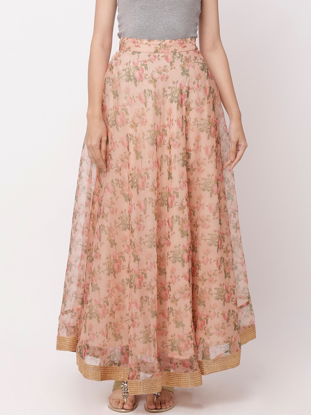 

Globus Women Peach & Pink Floral Printed Flared Organza Skirt