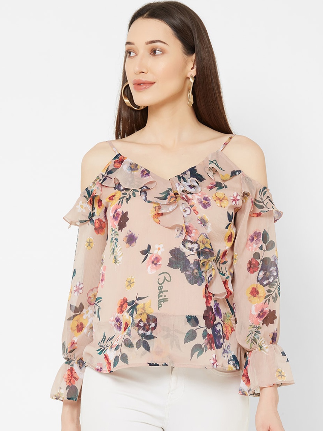 

MISH Women Beige & Grey Printed Bardot Top