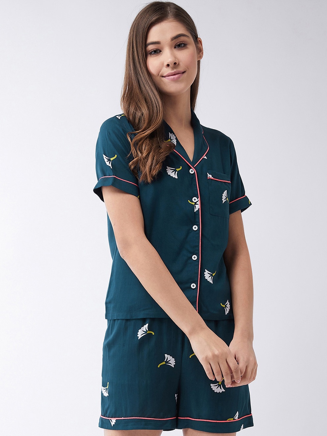 Miss Chase Women Teal Blue Printed Night suit