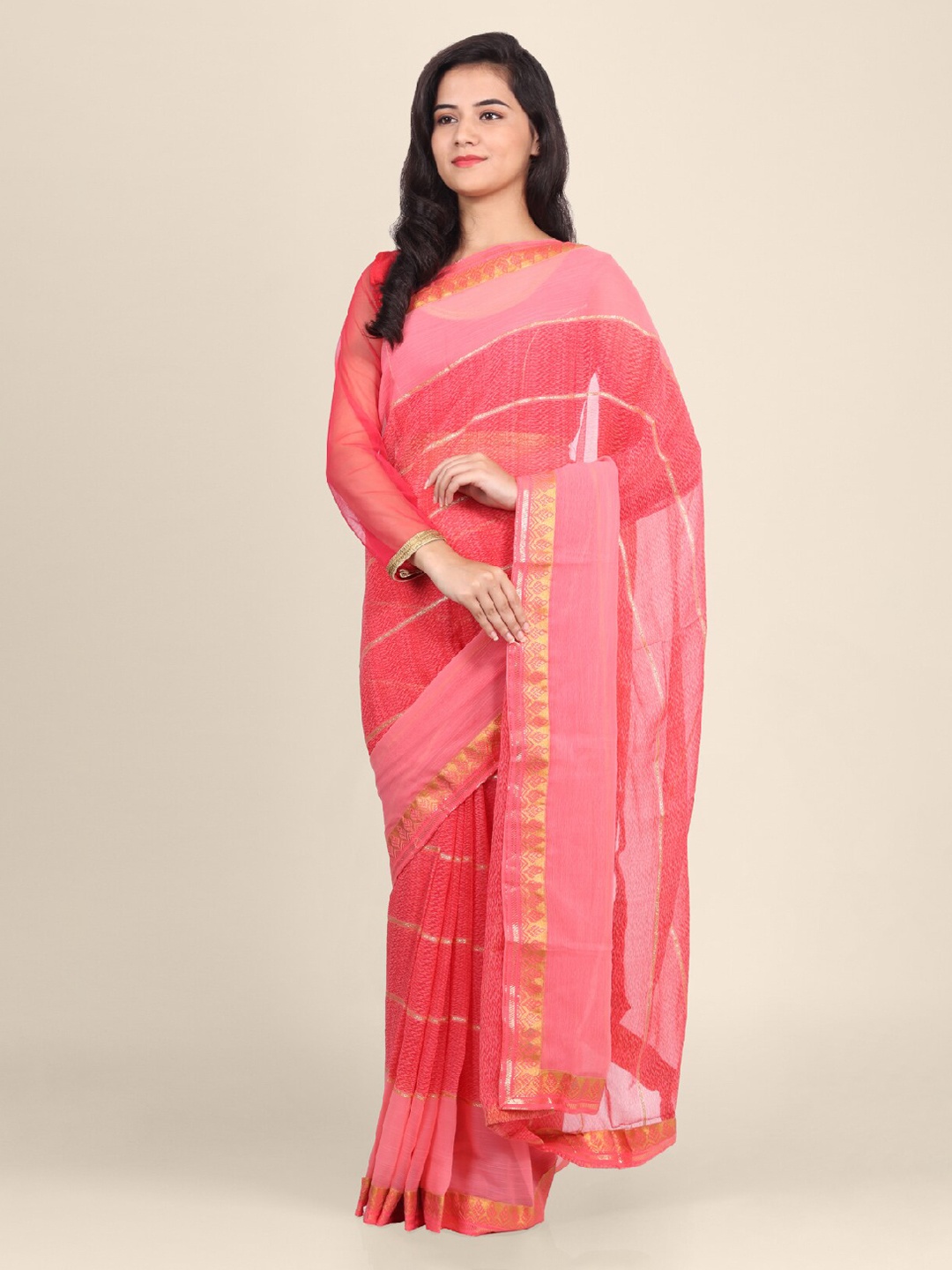 

CLAI WORLD Pink Striped Poly Georgette Saree