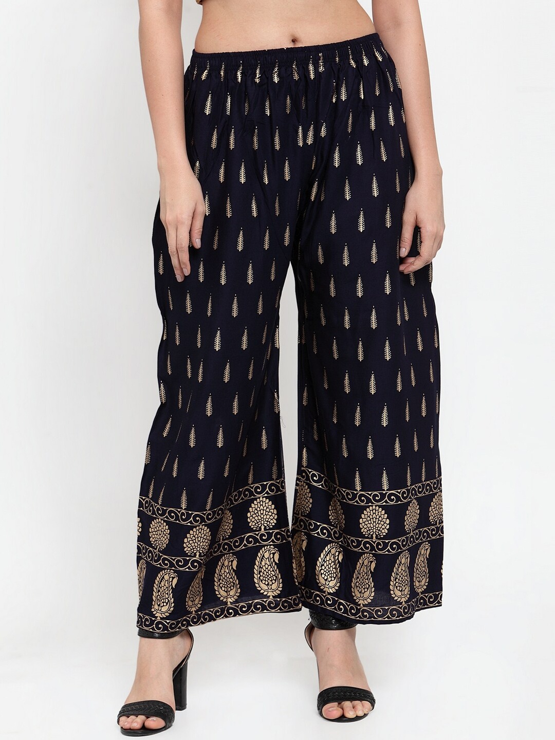 

Miaz Lifestyle Women Navy Blue & Gold-Toned Printed Straight Palazzos