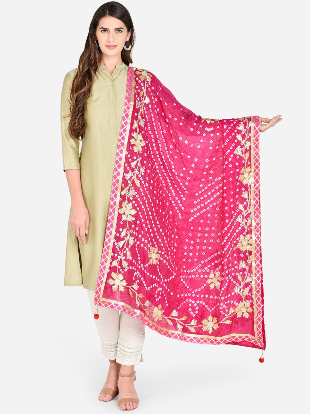 

Dupatta Bazaar Women Pink Bandhani Gotta Patti Silk Dupatta