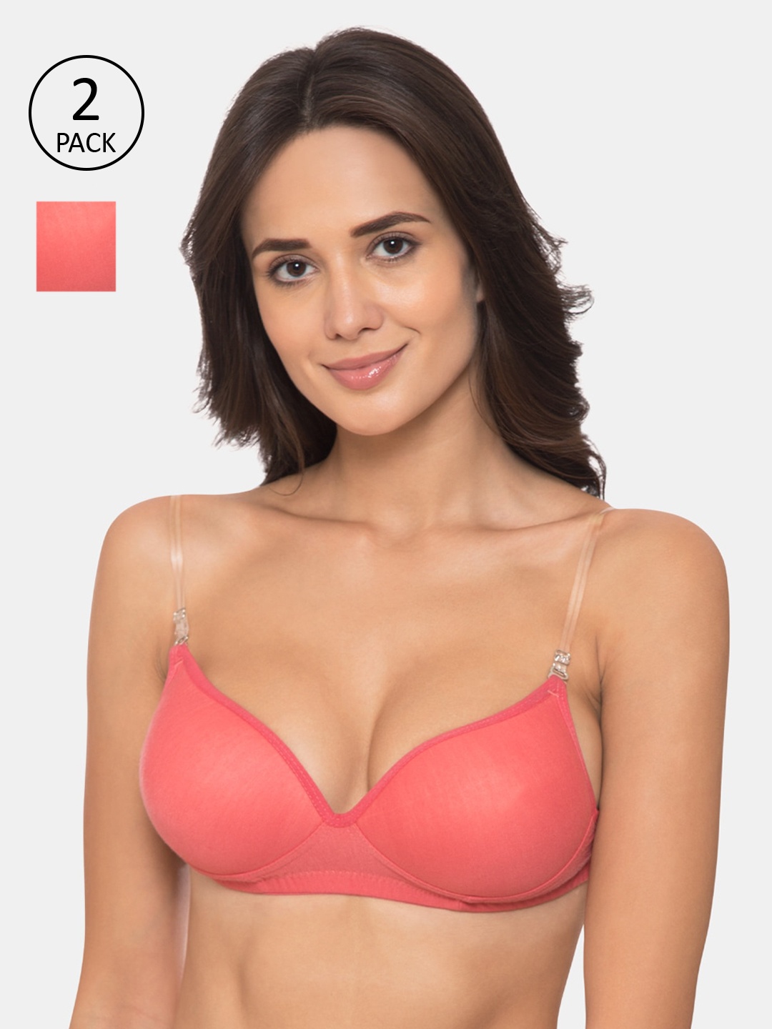 

KOMLI Pack Of 2 Solid Non-Wired Heavily Padded Everyday Bra K-523, Coral