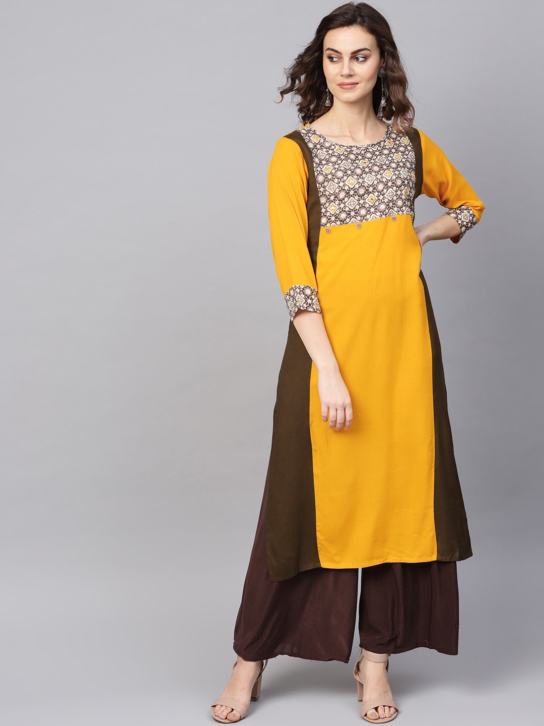 

KSUT Women Mustard Yellow & Brown Yoke Design A-Line Kurta