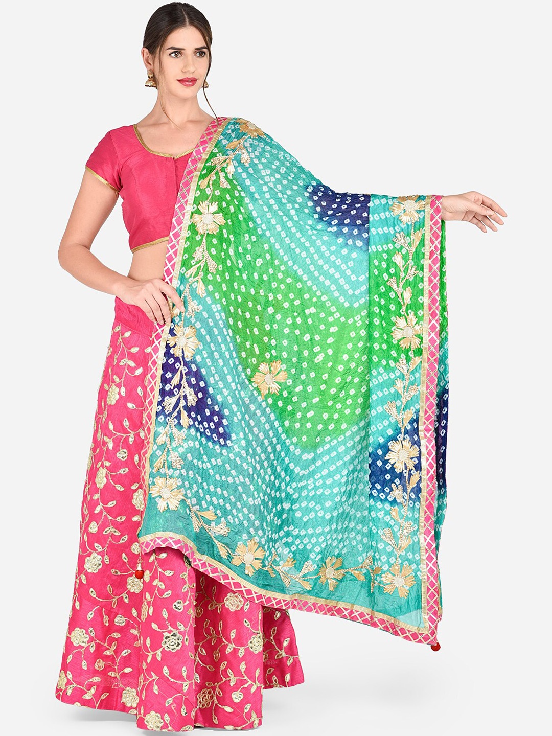 

Cotton Dupatta Bazaar Women Turquoise Blue & Green Embroidered Bandhini Printed Cotton Dupatta