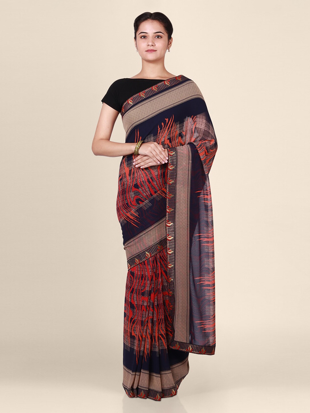 

CLAI WORLD Navy Blue & Red Poly Georgette Printed Saree