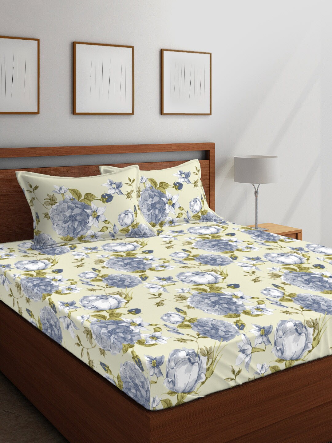 

Layers Grey & Yellow Floral 104 TC Cotton 1 Queen Bedsheet with 2 Pillow Covers