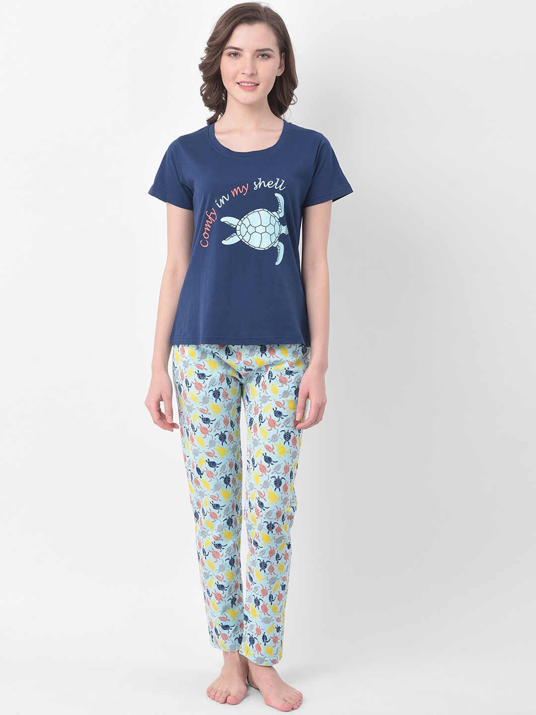 

Clovia Women Navy Blue & Turquoise Blue Printed Night Suit