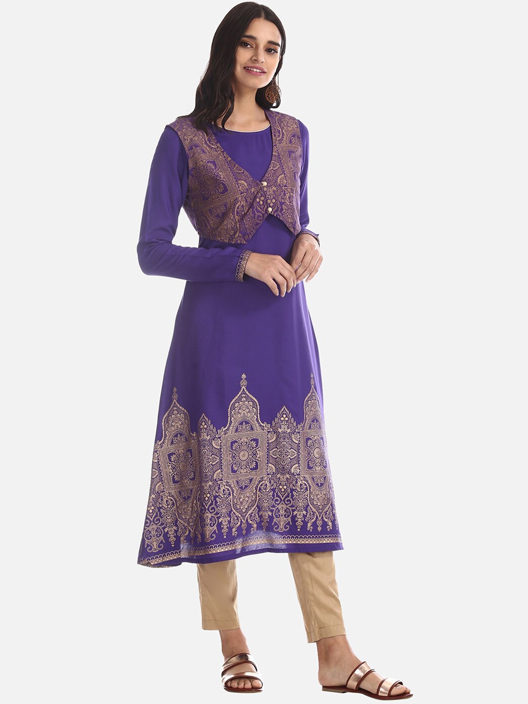 

Karigari Women Purple Printed A-Line Kurta with Shrug