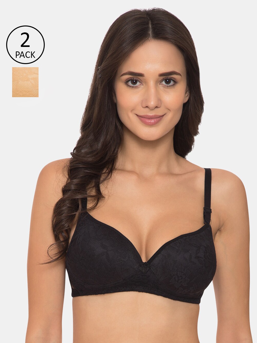 

KOMLI Pack Of 2 Solid Non-Wired Heavily Padded T-shirt Bras K-9531-BLK-2PC, Black