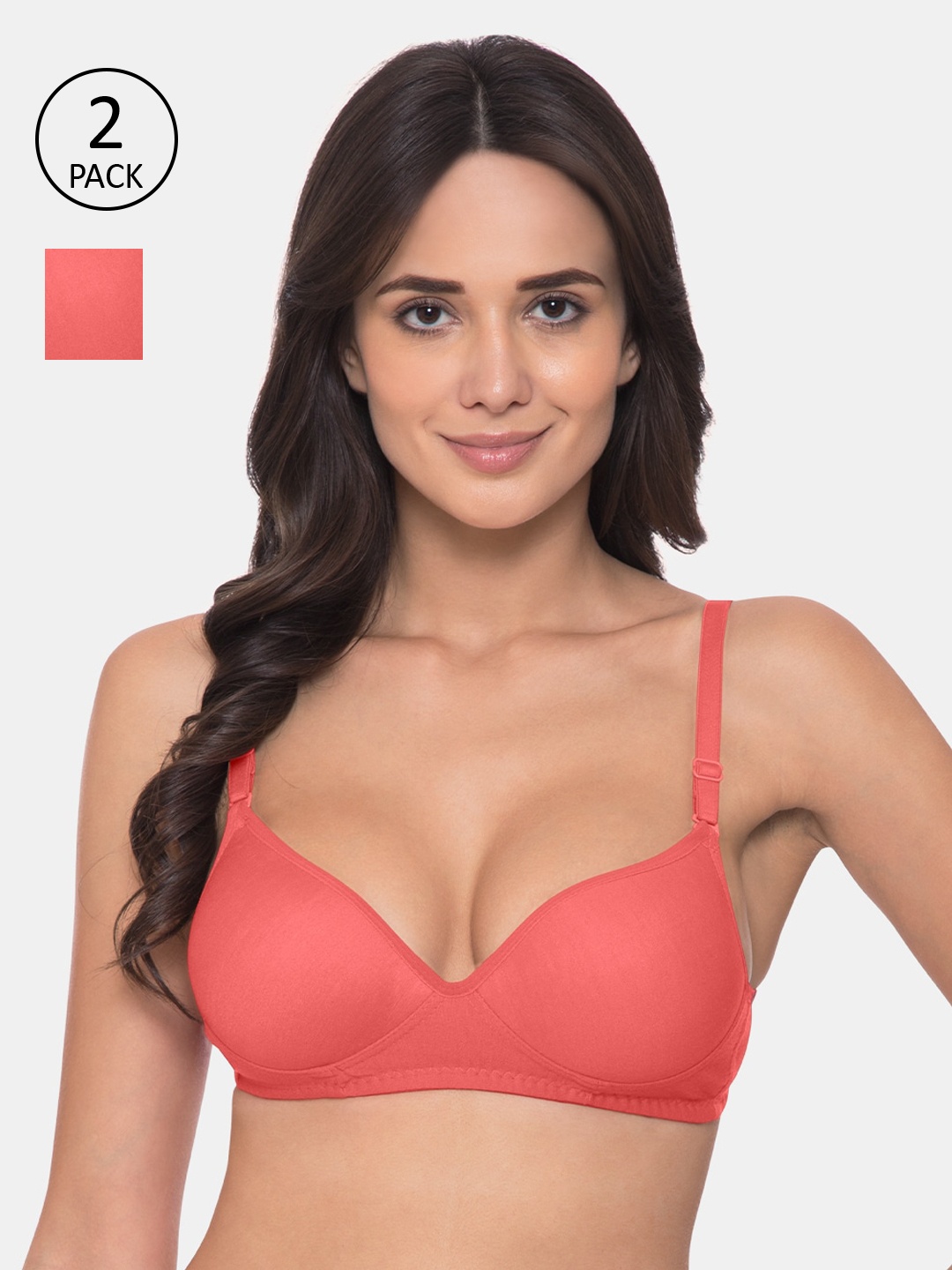 

KOMLI Pack Of 2 Solid Non-Wired Heavily Padded Everyday Bra K-9935-2PC-CRL, Coral