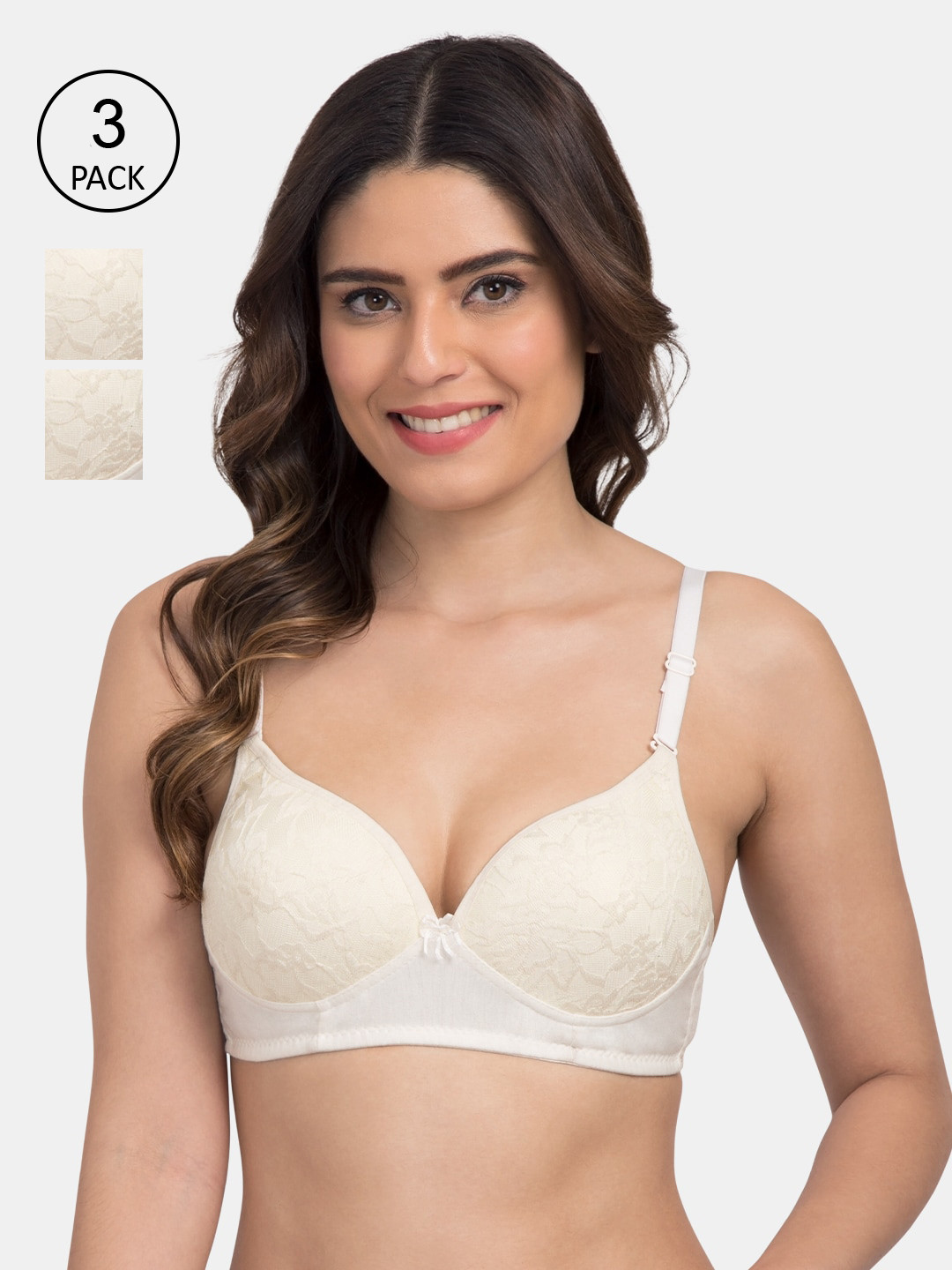 

KOMLI Pack of 3 Self Design Non-Wired Heavily Padded T-shirt Bra K-9521, Off white