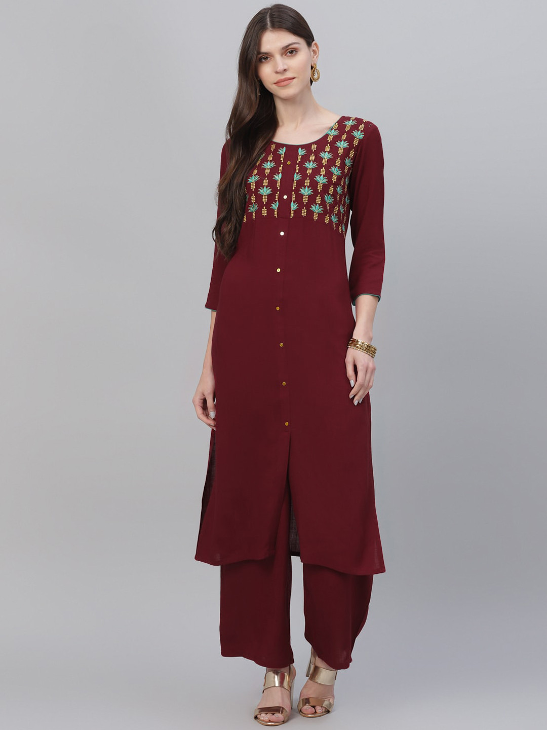 

Libas Women Maroon & Green Yoke Design Kurta with Palazzos