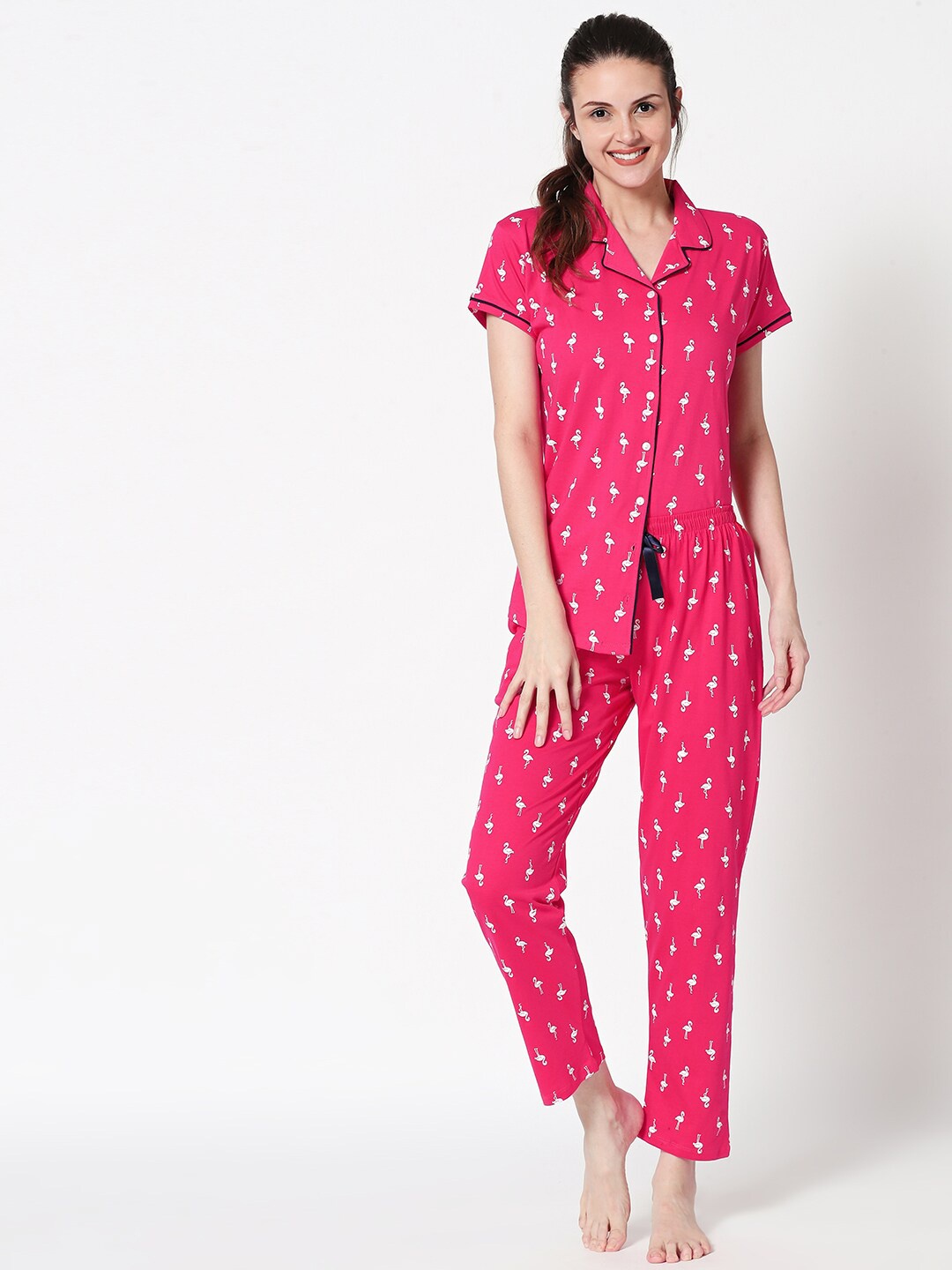 

Zeyo Women Pink & White Printed Night suit
