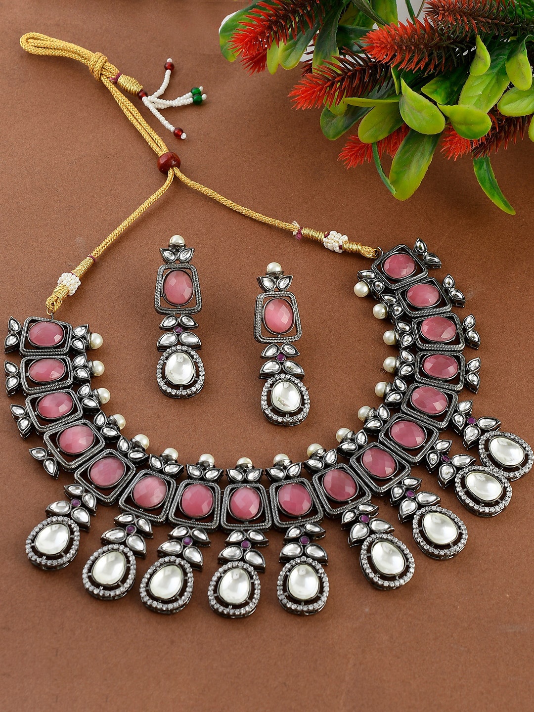 

Silvermerc Designs Oxidized Silver-Plated White & Pink Stone-Studded Jewellery Set