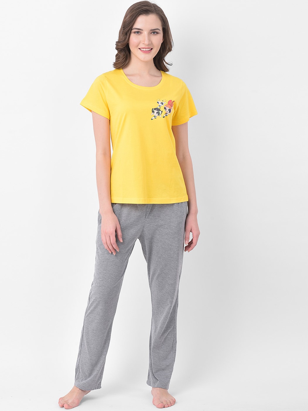 

Clovia Women Yellow & Grey Printed Night suit