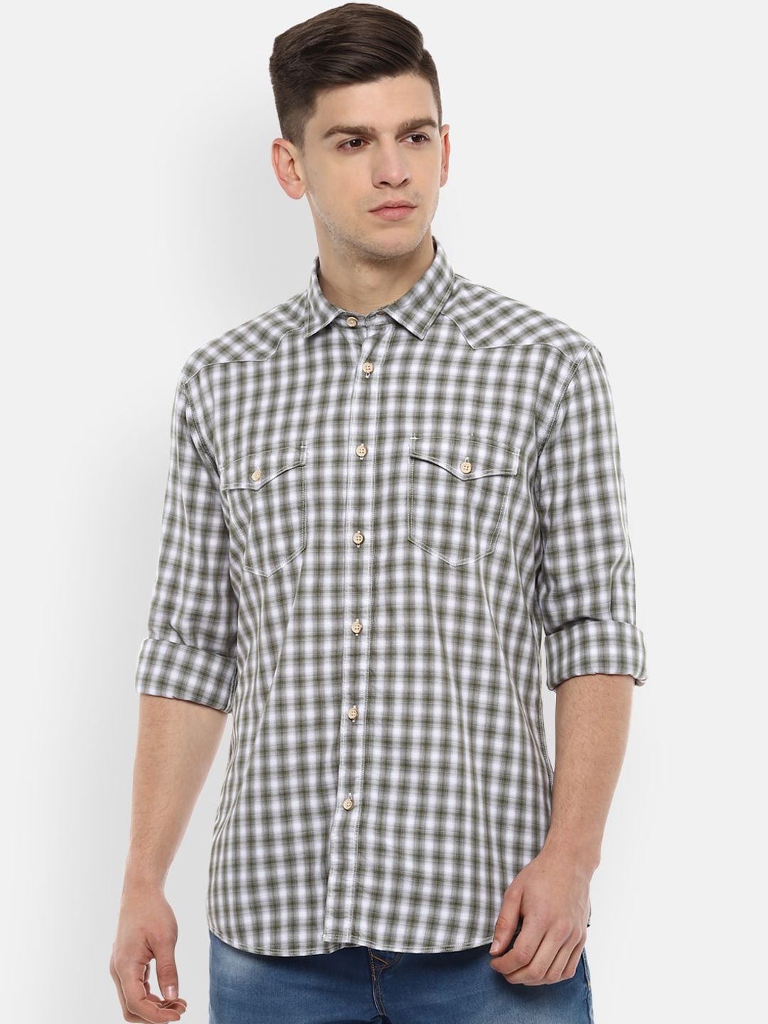 

Louis Philippe Jeans Men White & Green Slim Fit Checked Casual Shirt