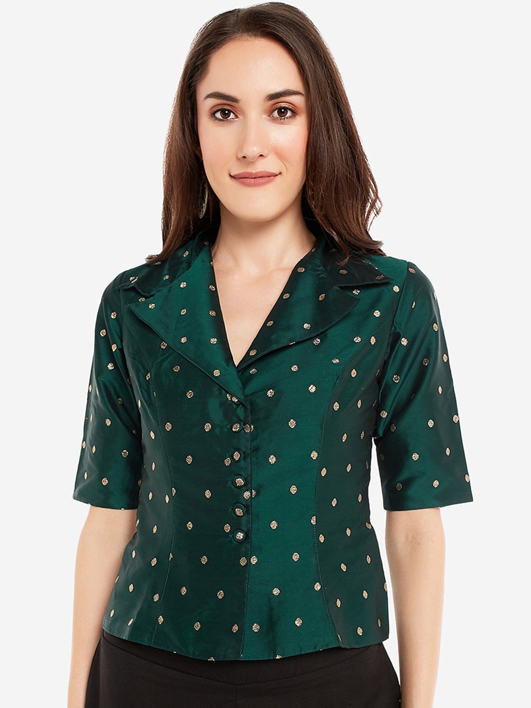 

Desi Weavess Women Green Self Design Shirt Style Top