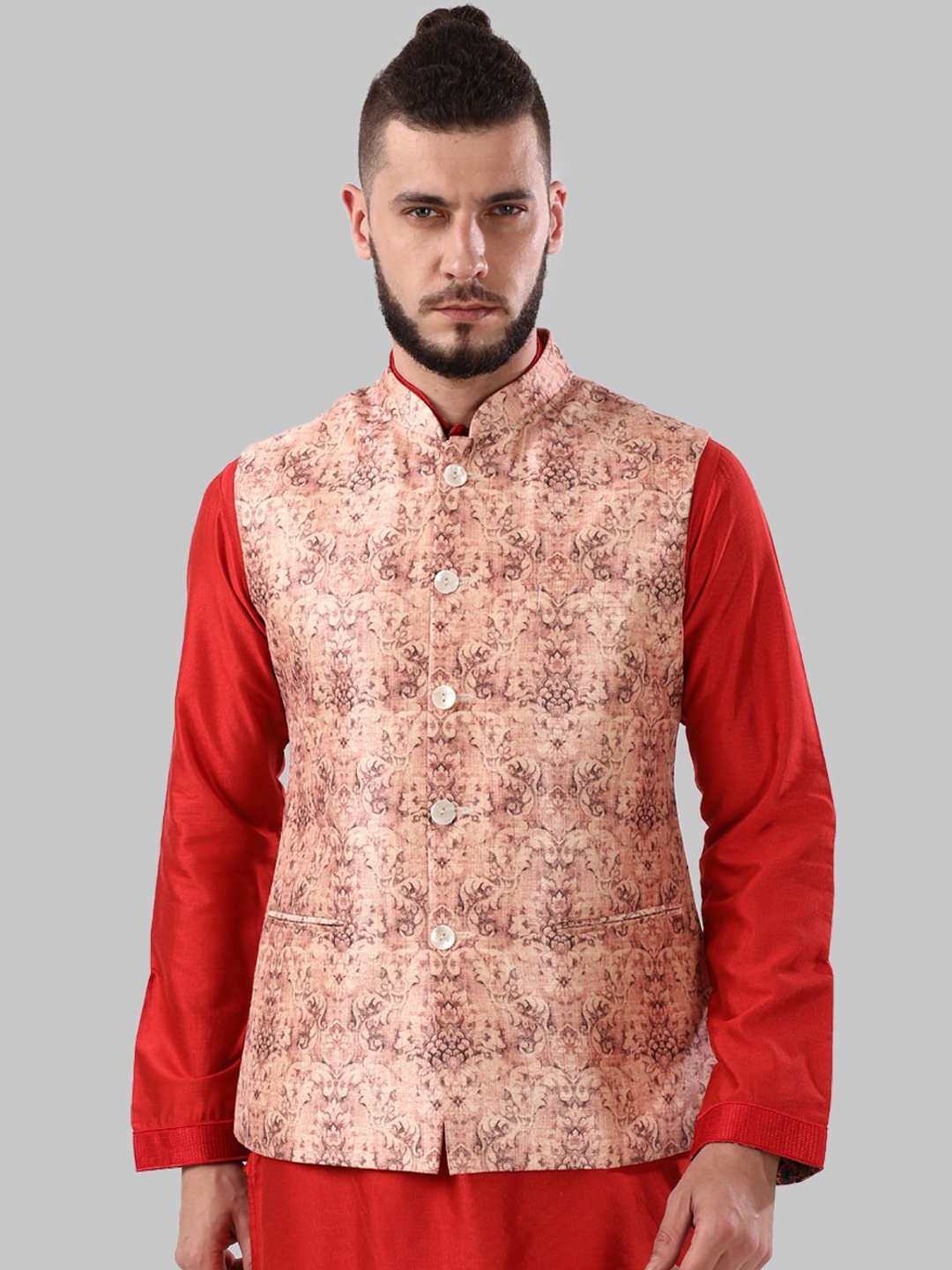 

Ethnix by Raymond Men Peach-Coloured Printed Nehru Jacket