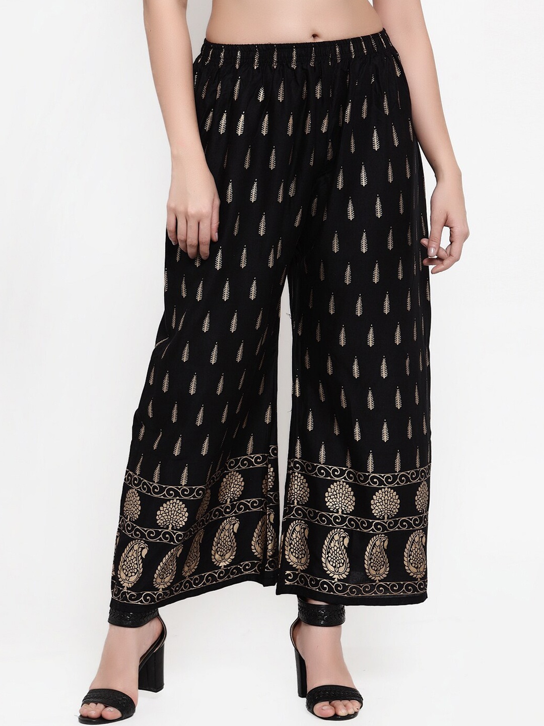 

Miaz Lifestyle Women Black & Gold Printed Straight Palazzos