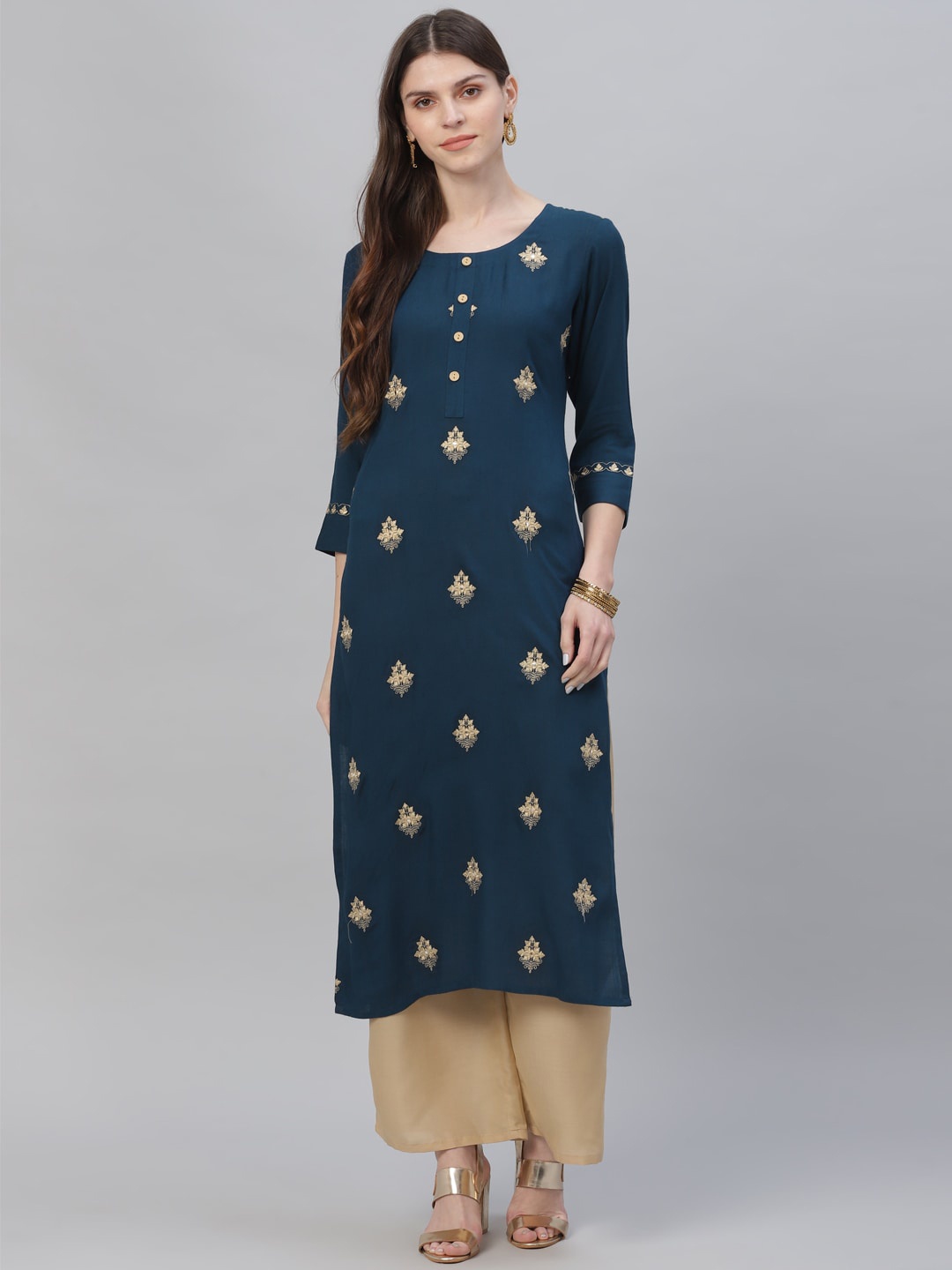 

Libas Women Blue Ethnic Motifs Embroidered Kurta with Palazzos