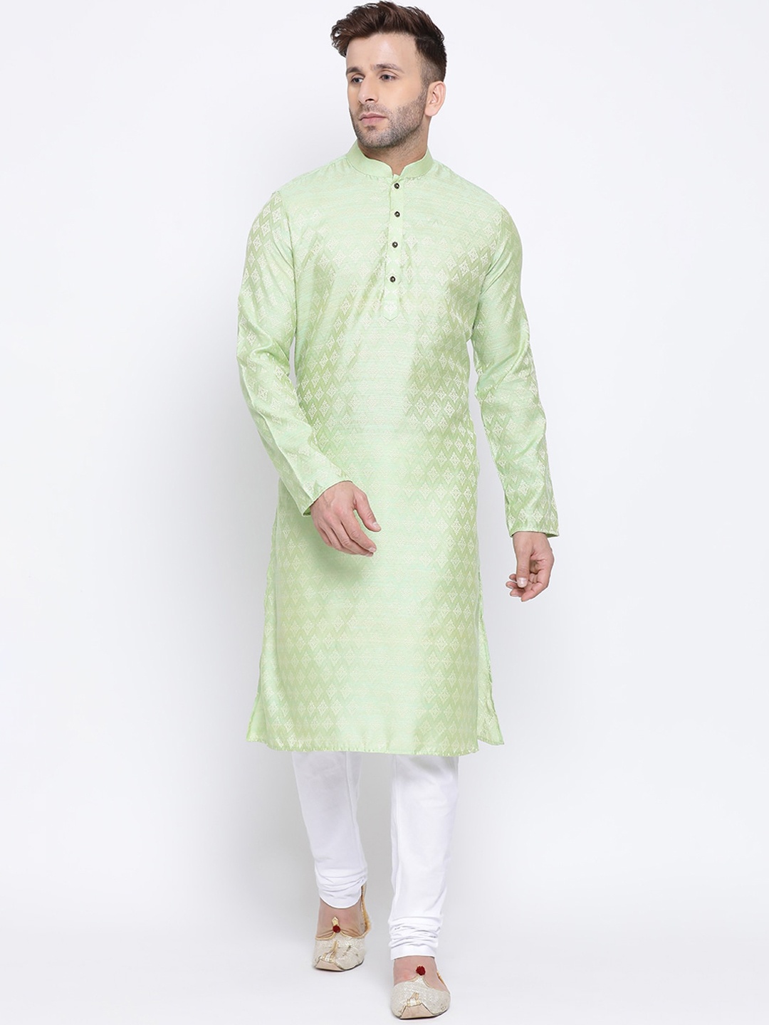 

NAMASKAR Men Green Jacquard Self Design Straight Kurta