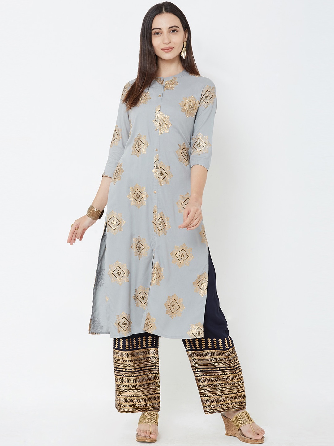 

FASHOR Women Grey & Navy Blue Printed Kurta with Palazzos