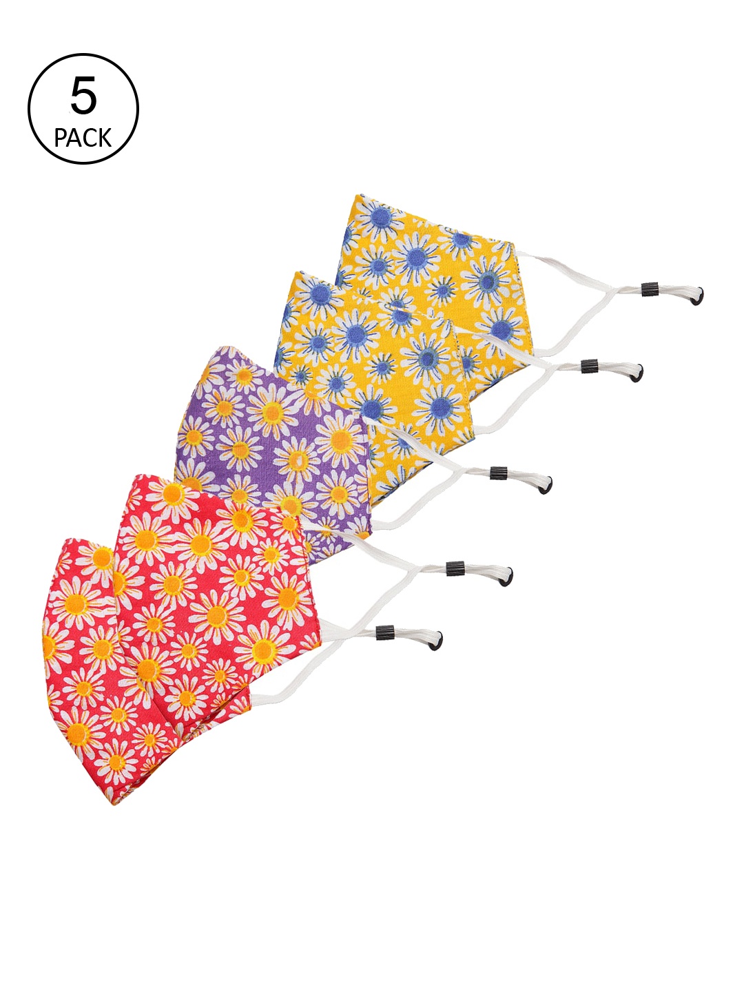 

Secret Wish Kids 5 Pcs Floral Printed Reusable 3-Ply Cloth Masks, Yellow