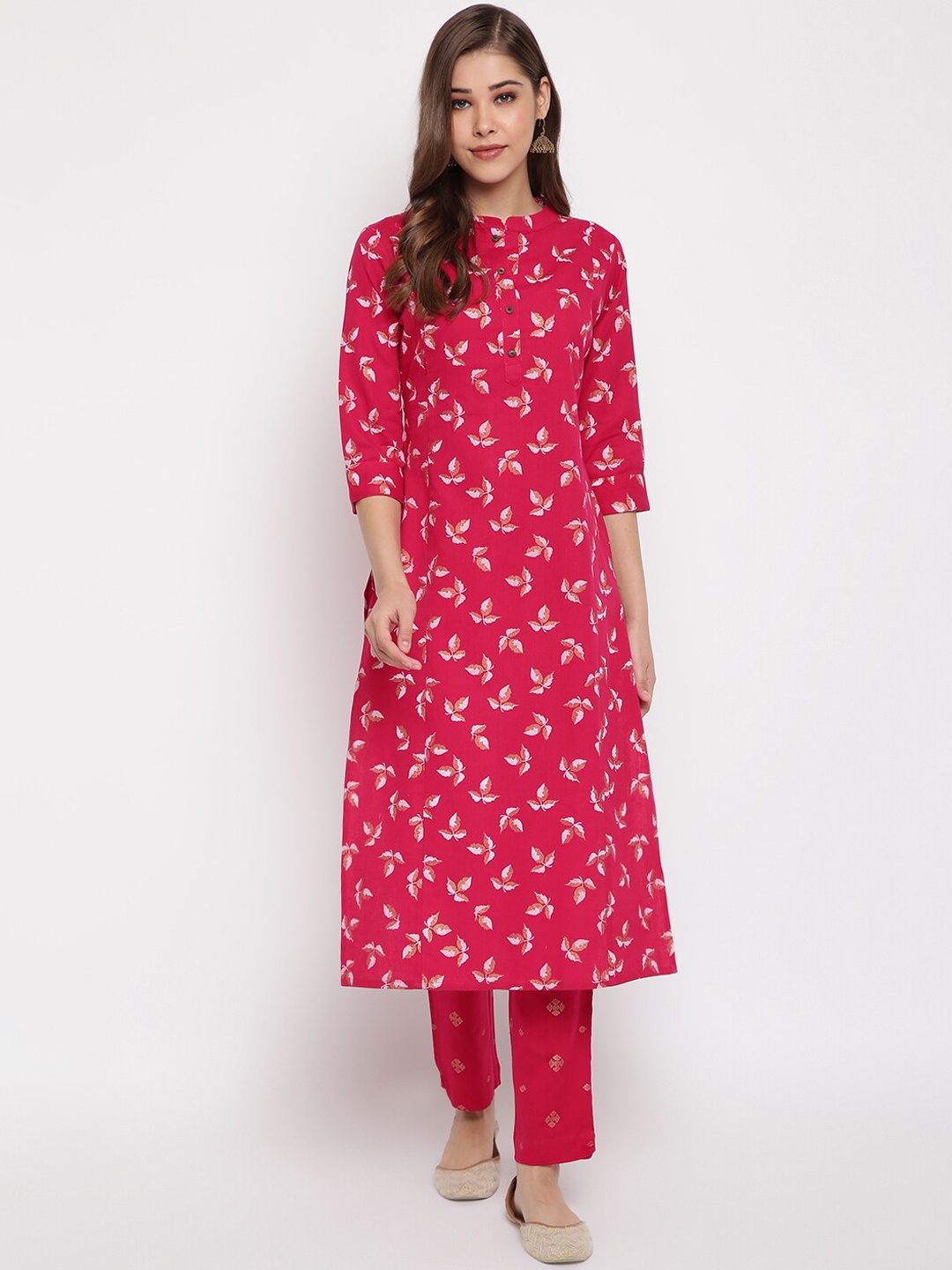 

Janasya Women Pink & Gold-Toned Printed Kurta with Trousers