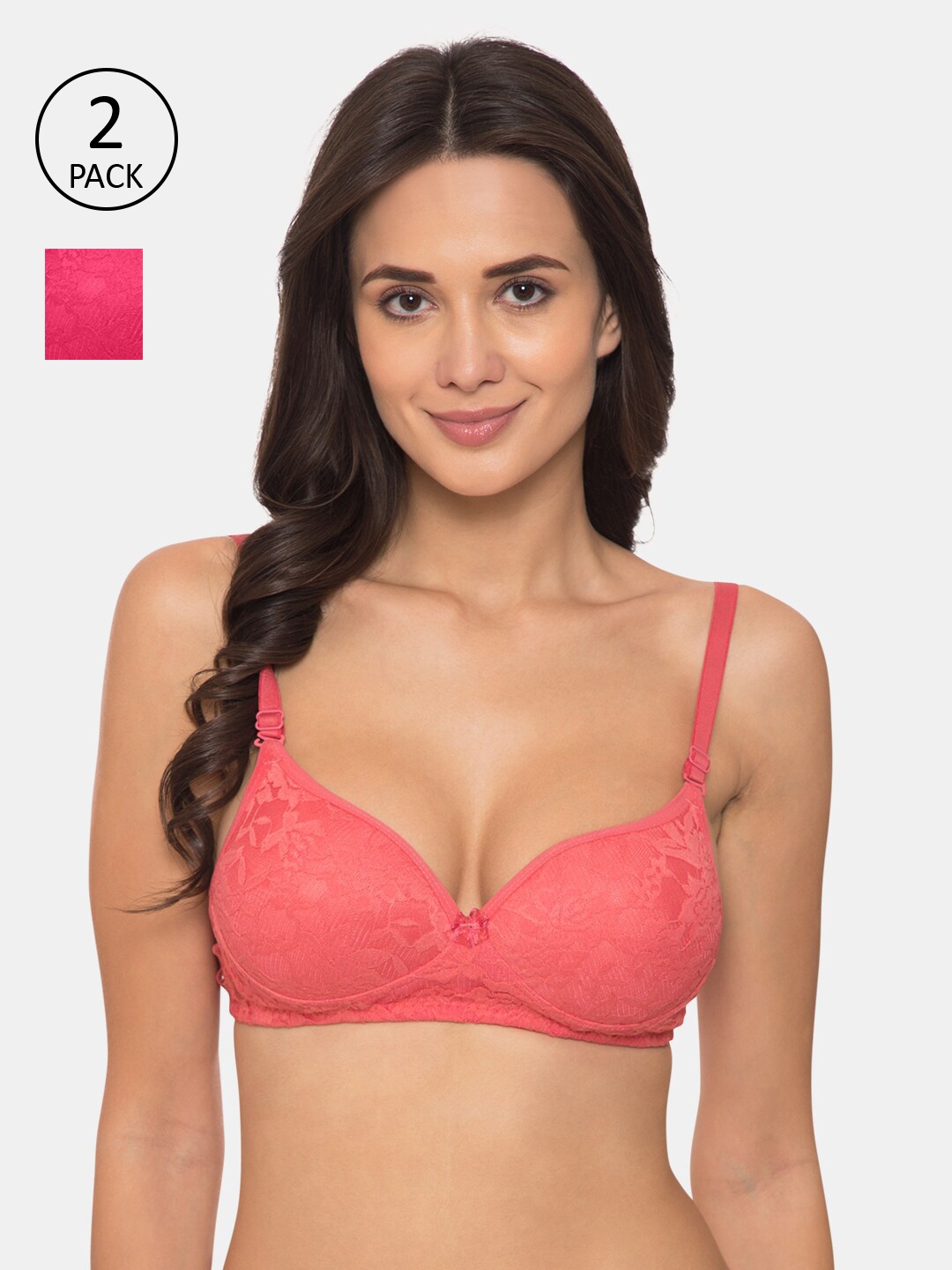 

KOMLI Pack Of 2 Coral & Pink Solid Non-Wired Heavily Padded T-shirt Bra