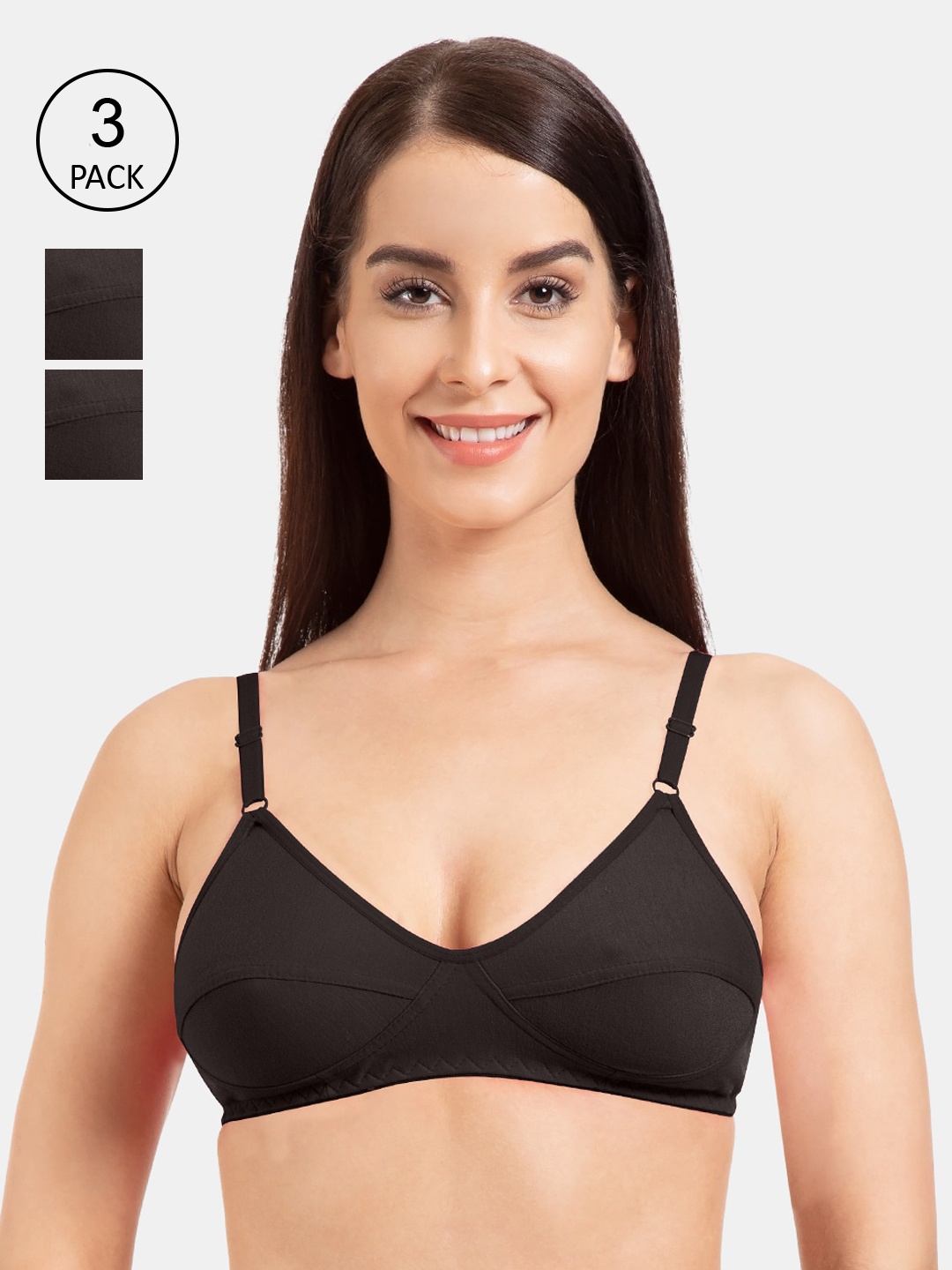 

KOMLI Pack of 3 Black Solid Non-Wired Non Padded Everyday Bra K-9116