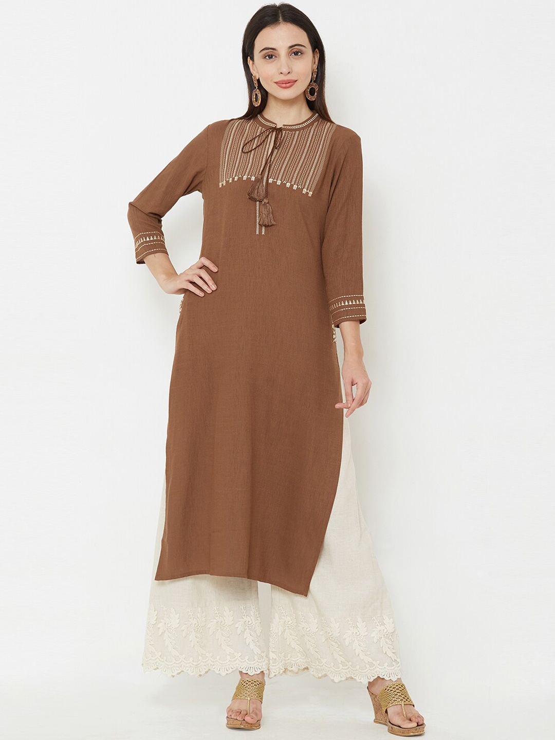 

FASHOR Women Coffee Brown & Off-White Yoke Design Straight Kurta