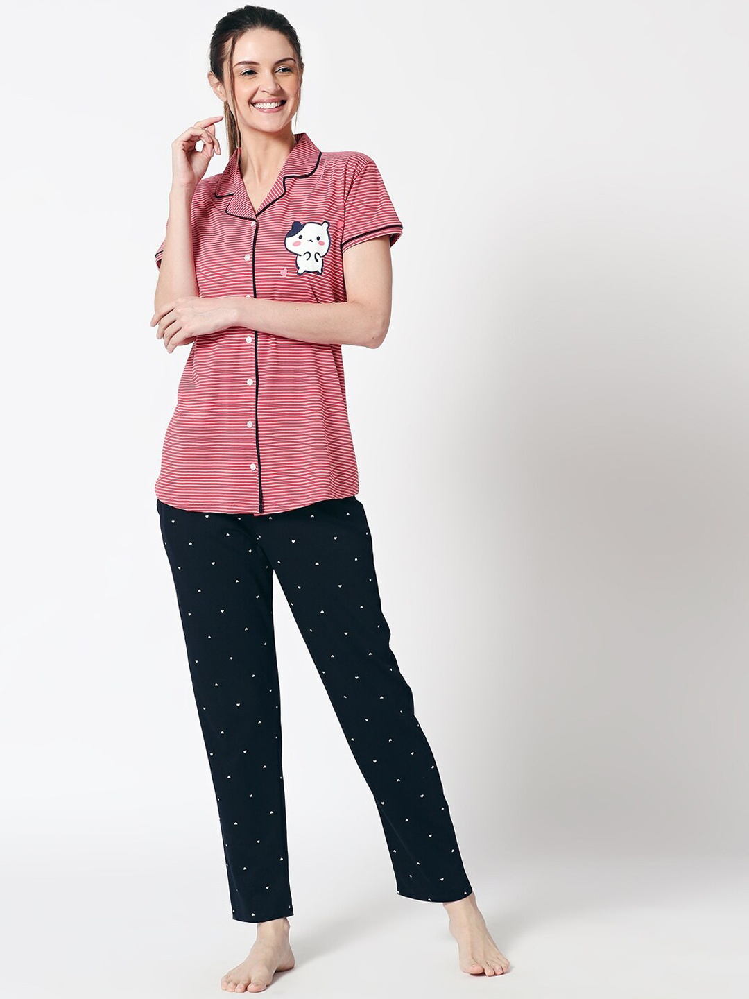 

Zeyo Women Pink & Navy Blue Striped Night suit