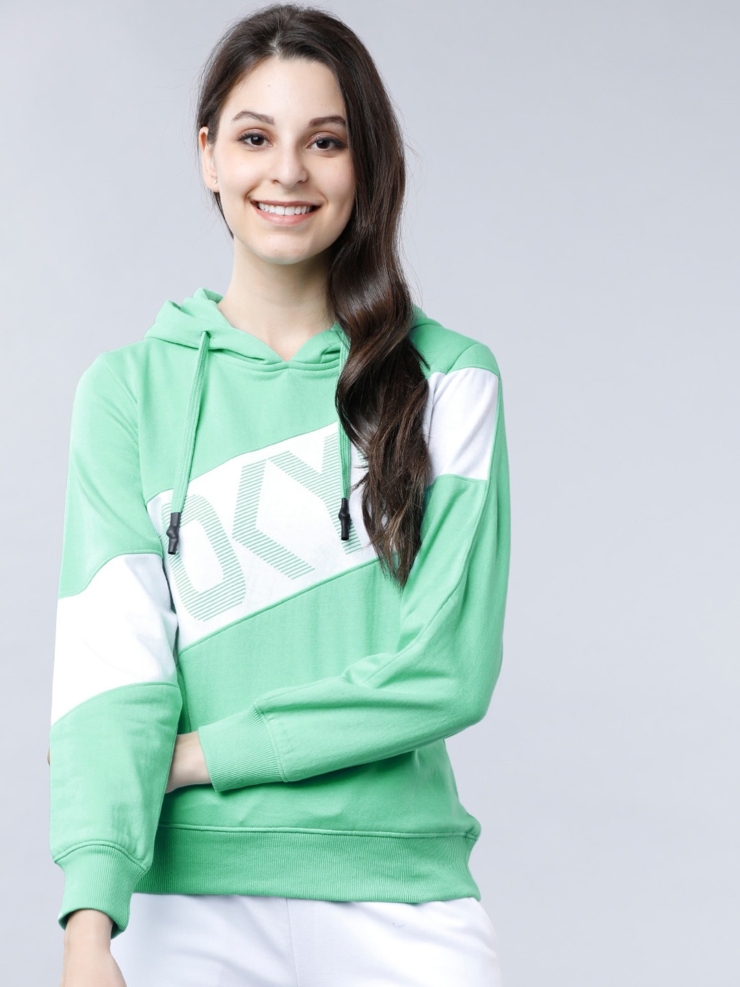 

Tokyo Talkies Women Green & White Colourblocked Hooded Sweatshirt