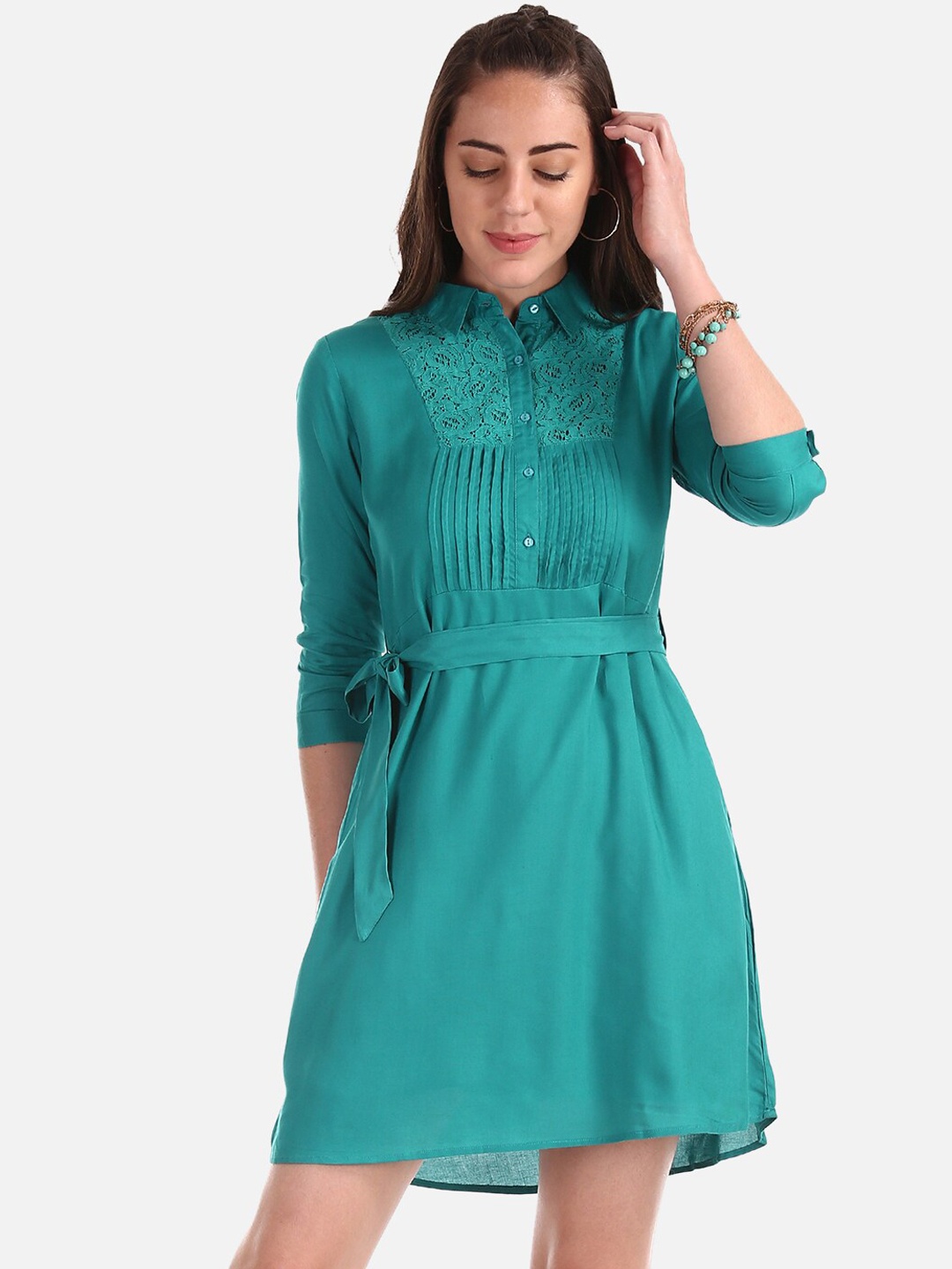 

Cherokee Women Sea Green Solid Shirt Dress