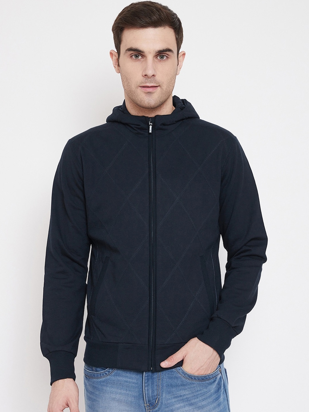

Spirit Men Navy Blue Self Design Hooded Sweatshirt