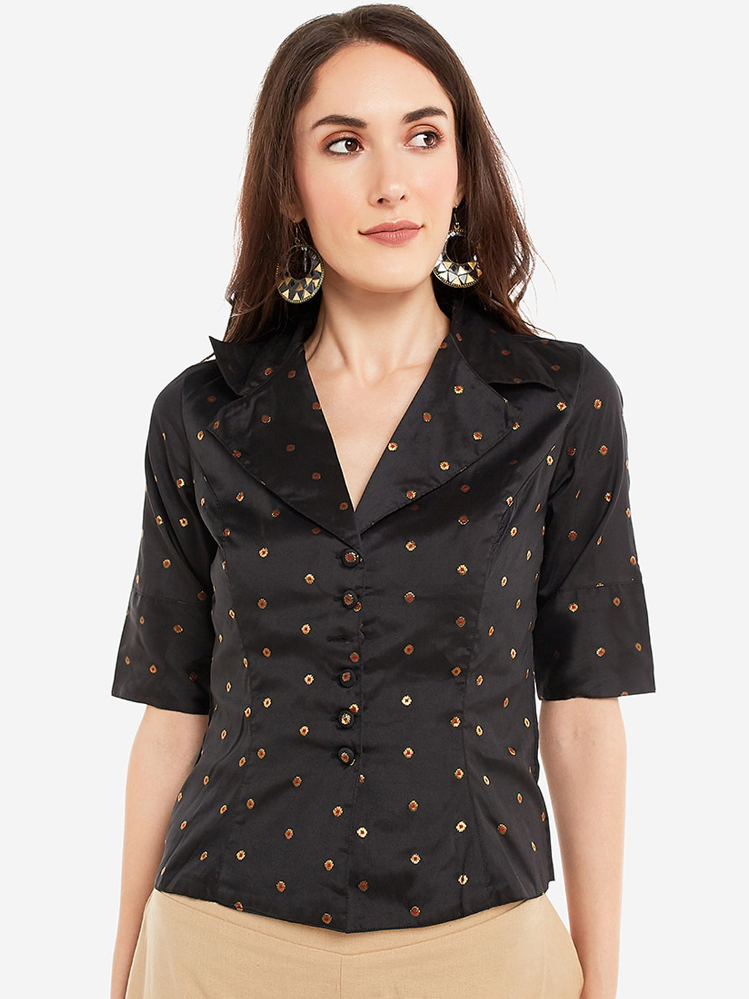 

Desi Weavess Women Black Self Design Shirt Style Top