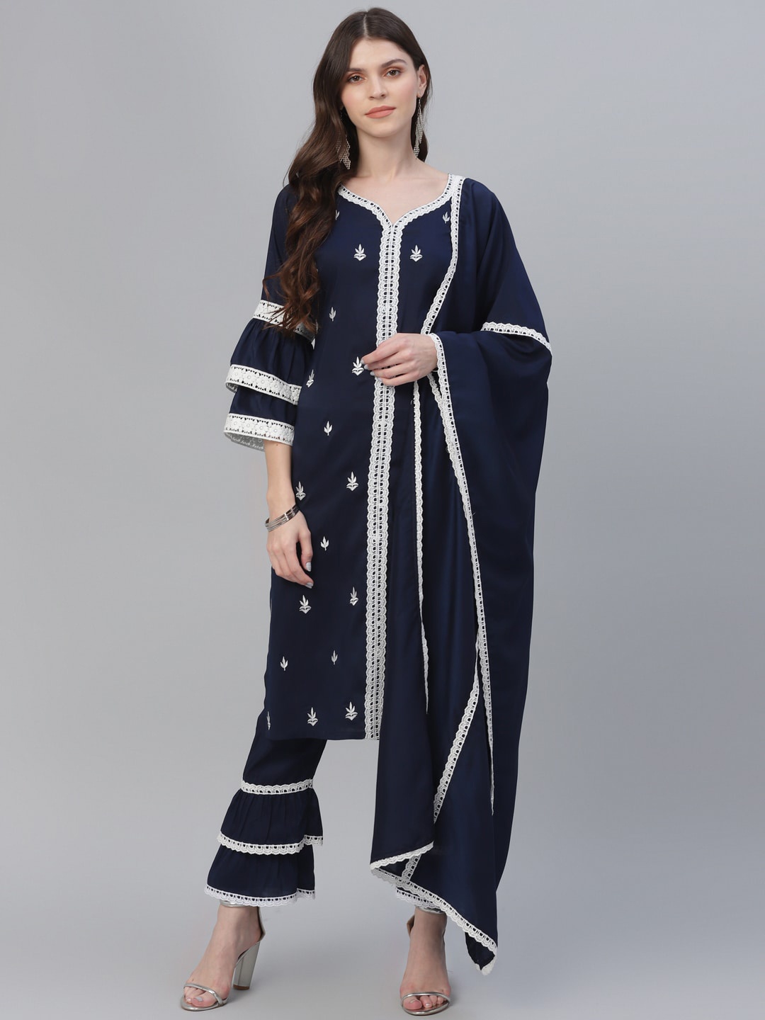 Libas Women Navy Blue & White Embroidered Kurta with Trousers & Dupatta