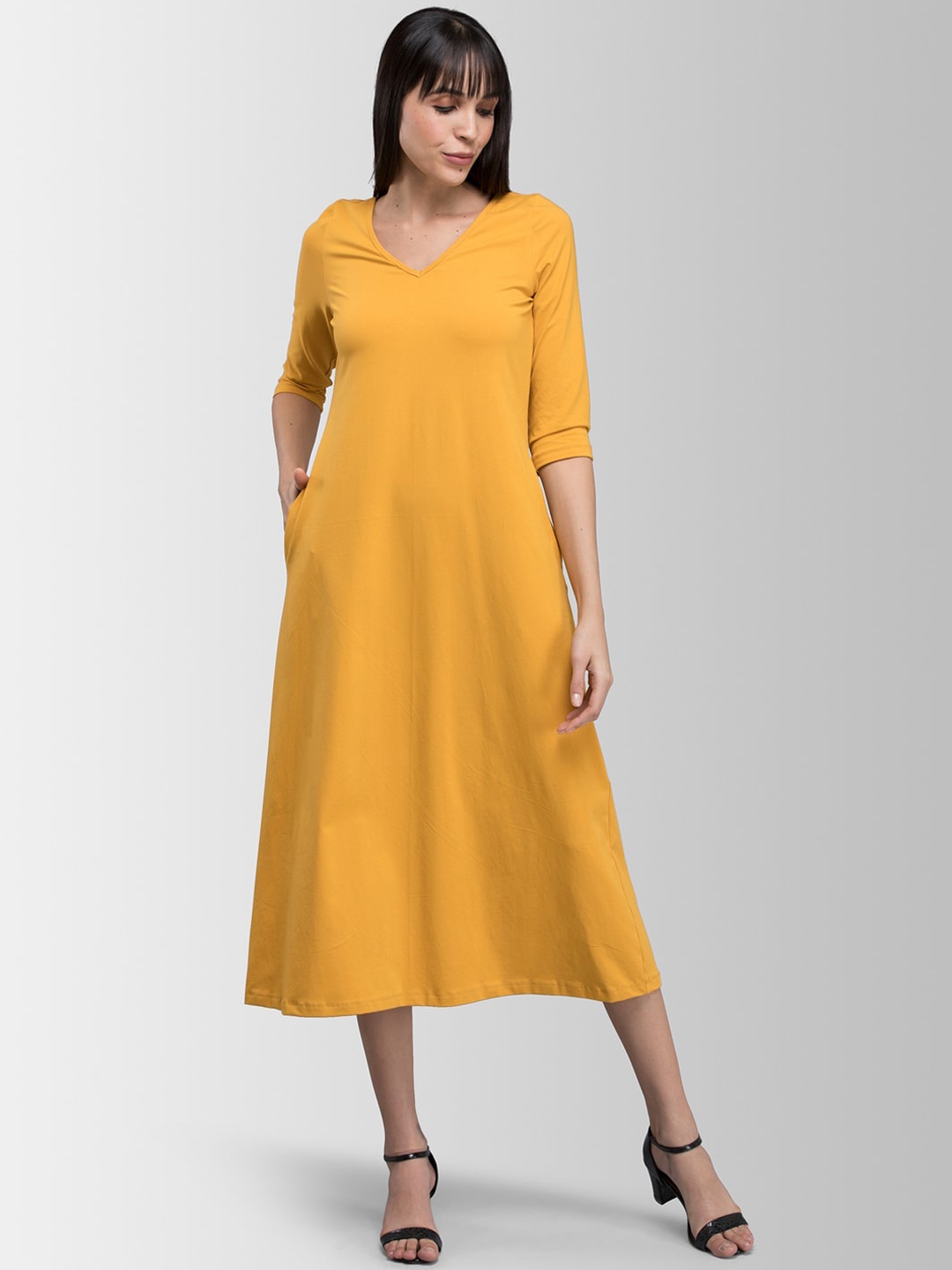 

FableStreet Women Mustard Solid A-Line Dress