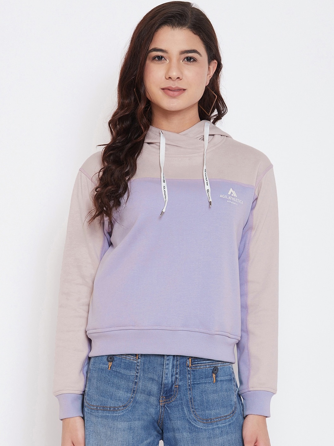 

AGIL ATHLETICA Women Taupe & Lavender Colourblocked Hooded Sweatshirt