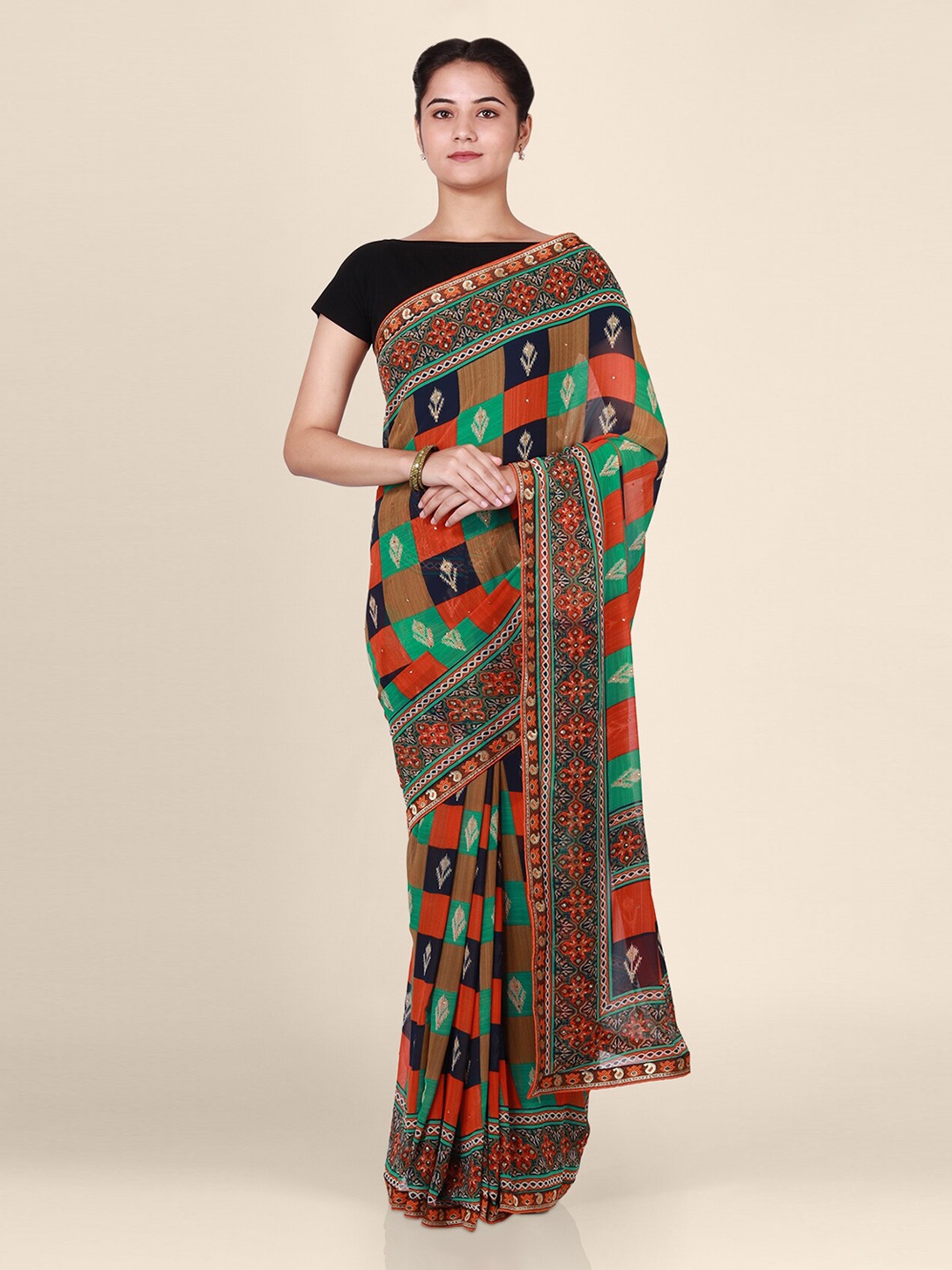 

CLAI WORLD Multicoloured Printed Handloom Poly Georgette Saree, Multi