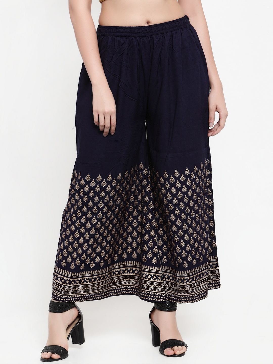 

Miaz Lifestyle Women Navy Blue Hem Design Straight Palazzos
