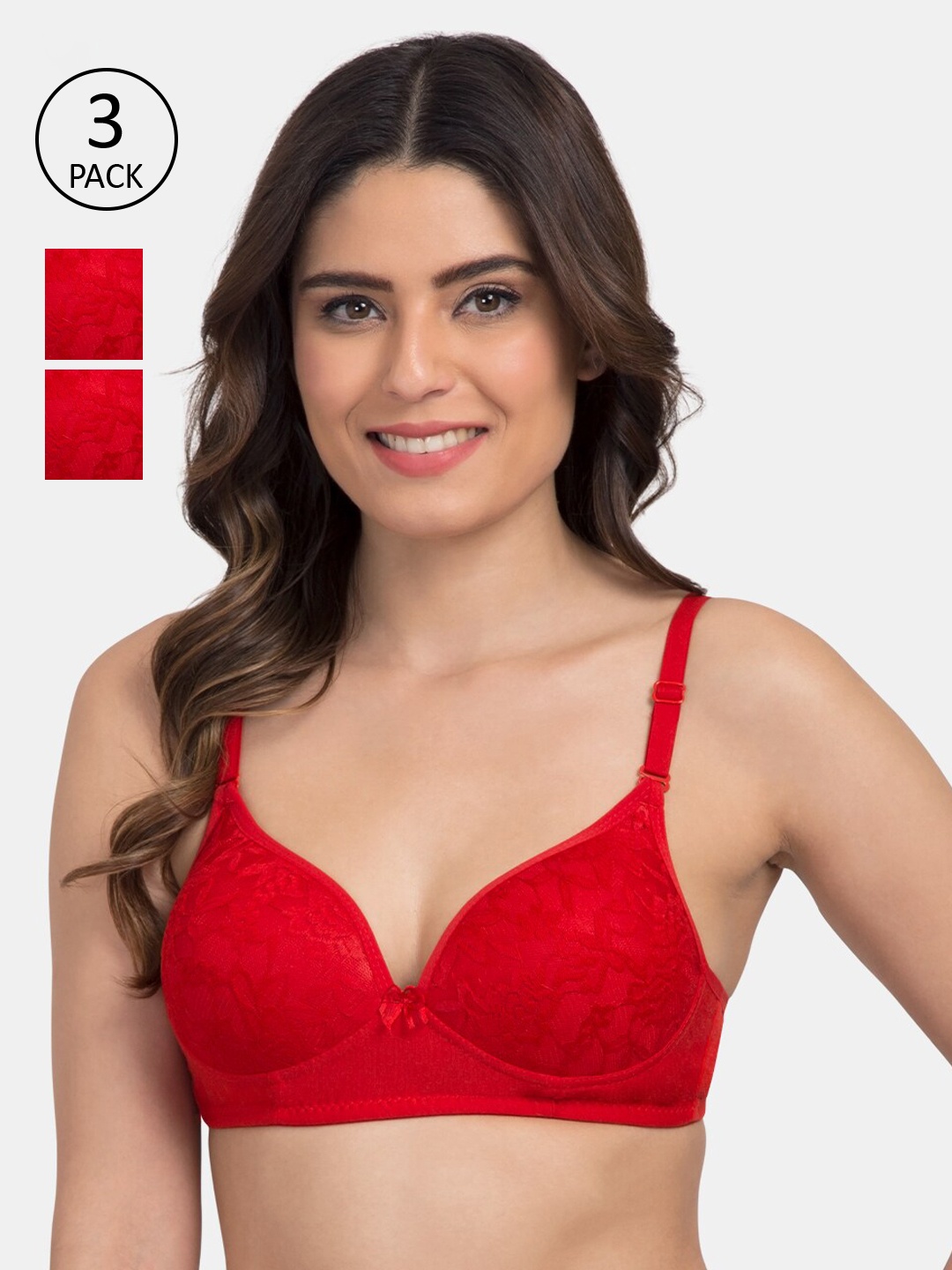 

KOMLI Pack Of 3 Red Solid Non-Wired Heavily Padded T-shirt Bra