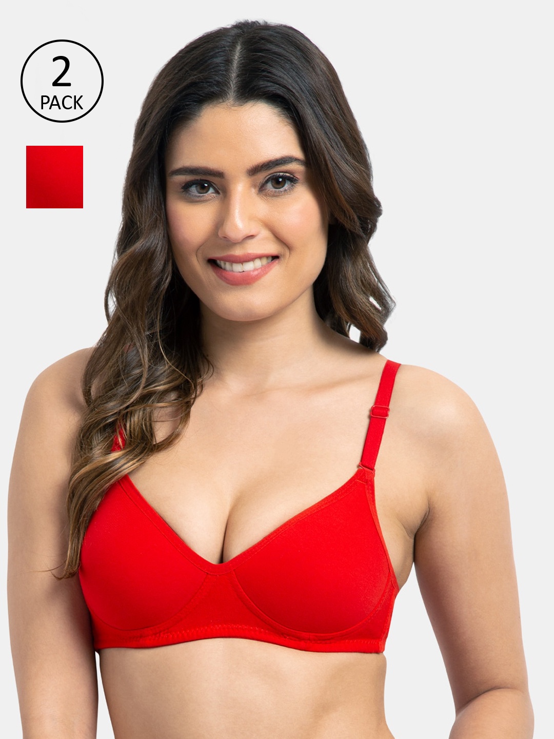 

KOMLI Pack Of 2 Solid Non-Wired Lightly Padded T-shirt Bras K-9555-2PC-RD, Red