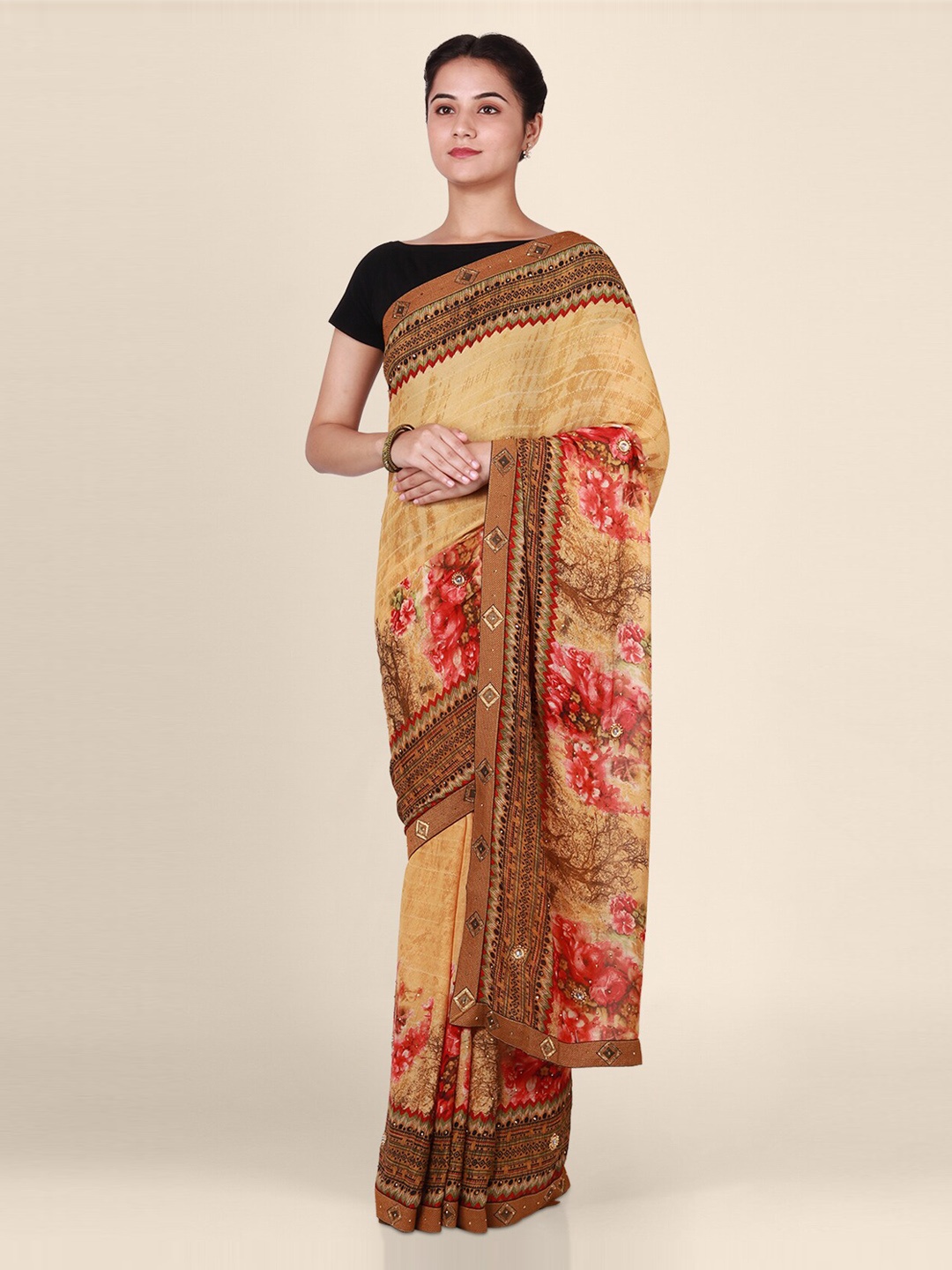 

CLAI WORLD Yellow & Brown Poly Georgette Printed Saree