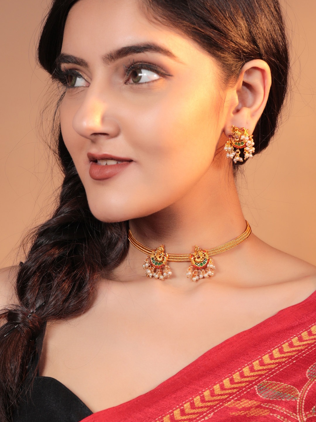 

Rubans Women Gold-Plated Multicoloured Artificial Stones-Studded Handcrafted Jewellery Set